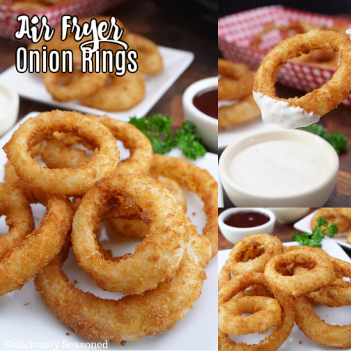 A triple photo collage of Alexia onion rings, that have been air fried, on a white plate.
