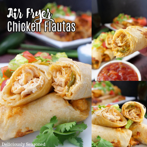 A three-picture collage of Air Fryer Flautas with the title at the top left.
