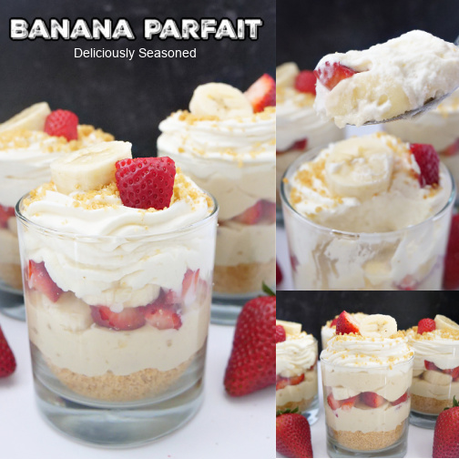 A triple photo collage of banana parfaits on a white table, all topped with graham cracker crumbs and slices of strawberries and bananas.