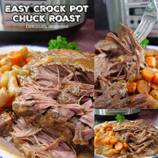 A three photo collage of chuck roast with carrots and celery.