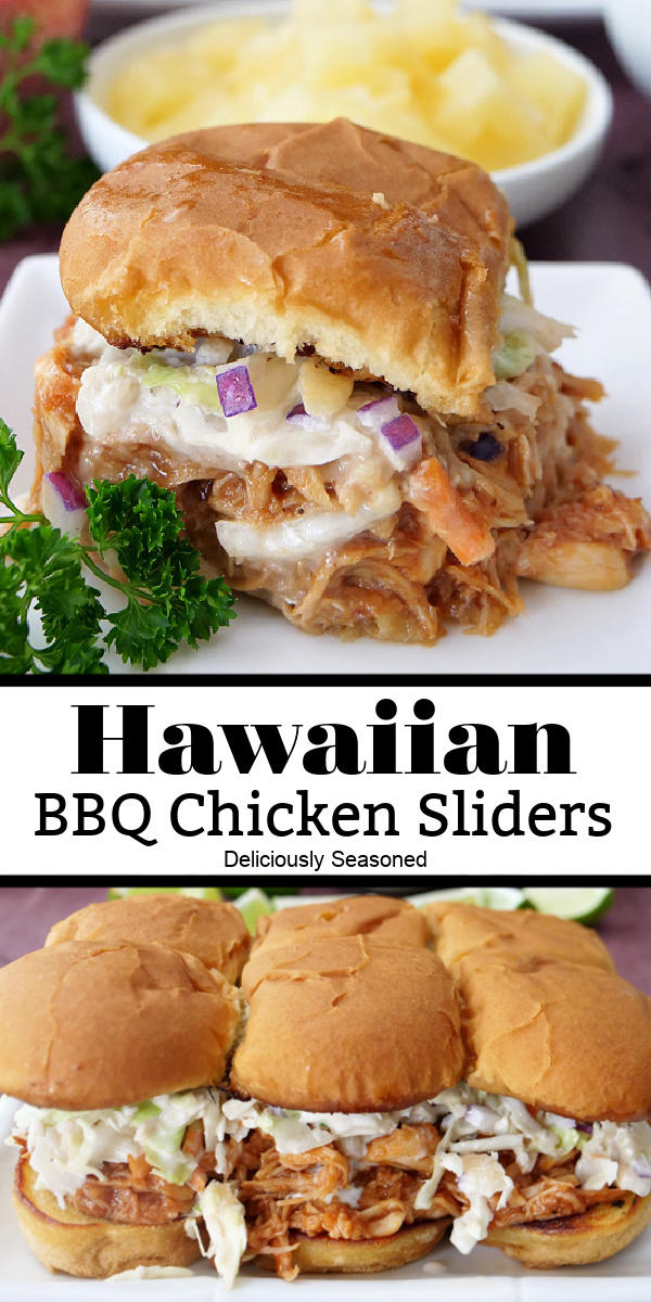 A double collage photo of BBQ Chicken sliders placed on white plates.