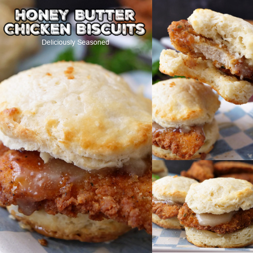 A three photo collage of chicken biscuits on a blue and white checkered plate.