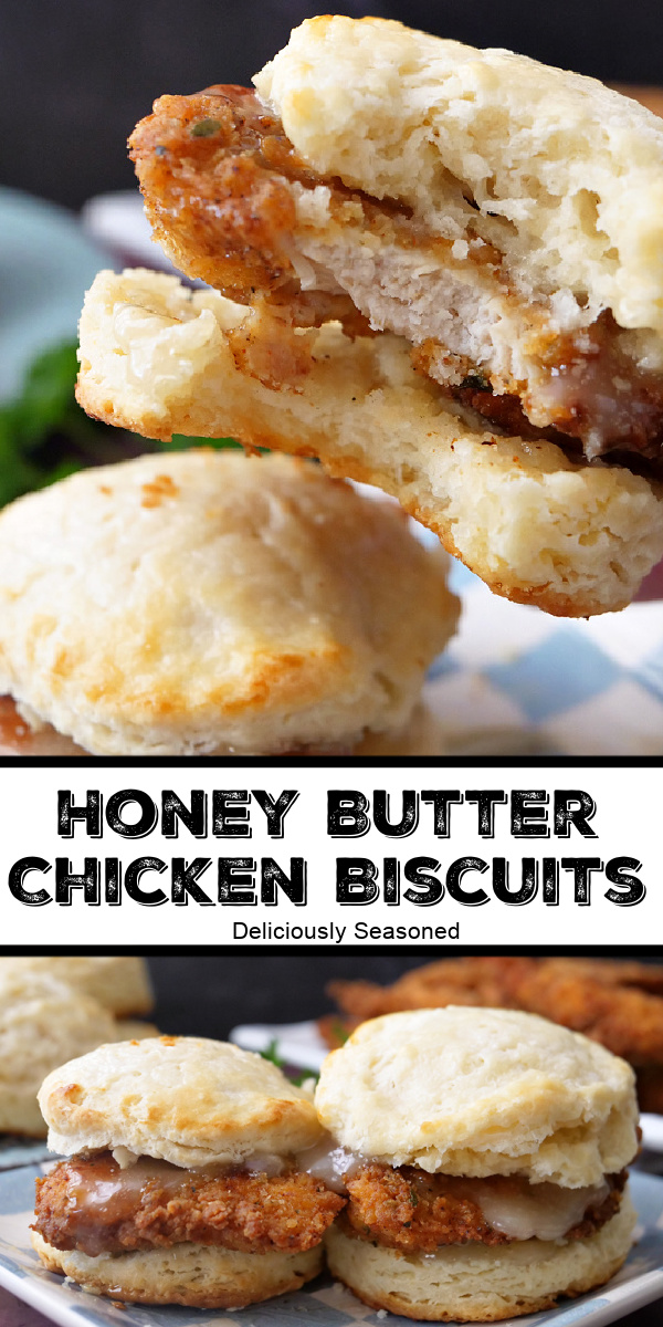 A double photo collage of honey butter chicken biscuits.