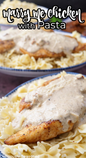 Two plates with bow tie pasta, chicken, and a creamy sauce over the top.