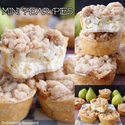 A collage with three different photos of mini pear pies.