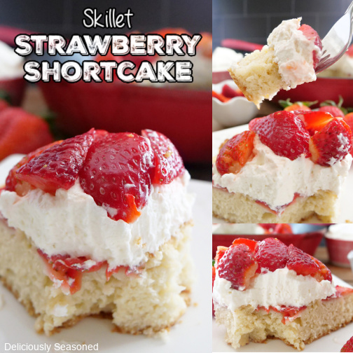 A three photo collage of strawberry shortcake on a white plate.