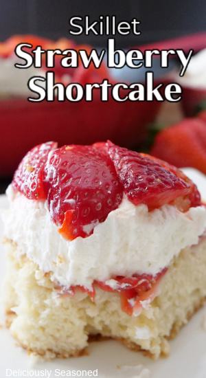 A title above a slice of strawberry shortcake.