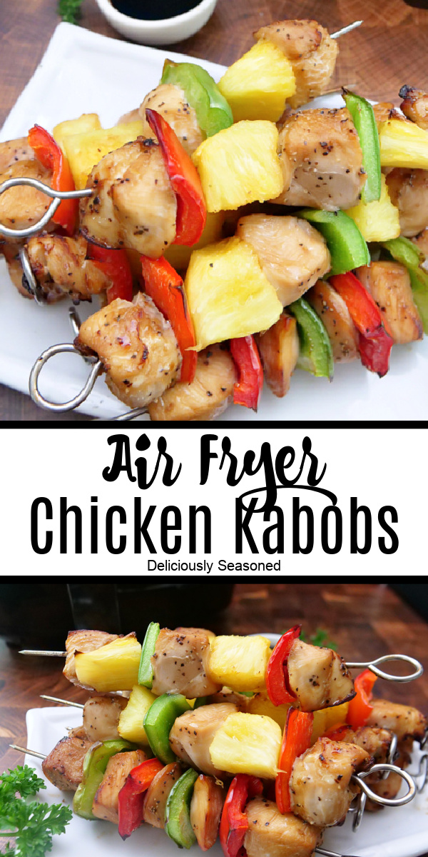 A double photo collage of chicken kabobs with pineapple and bell peppers on them.