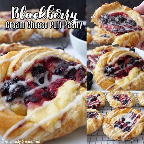 A three photo collage of blackberry pastries.