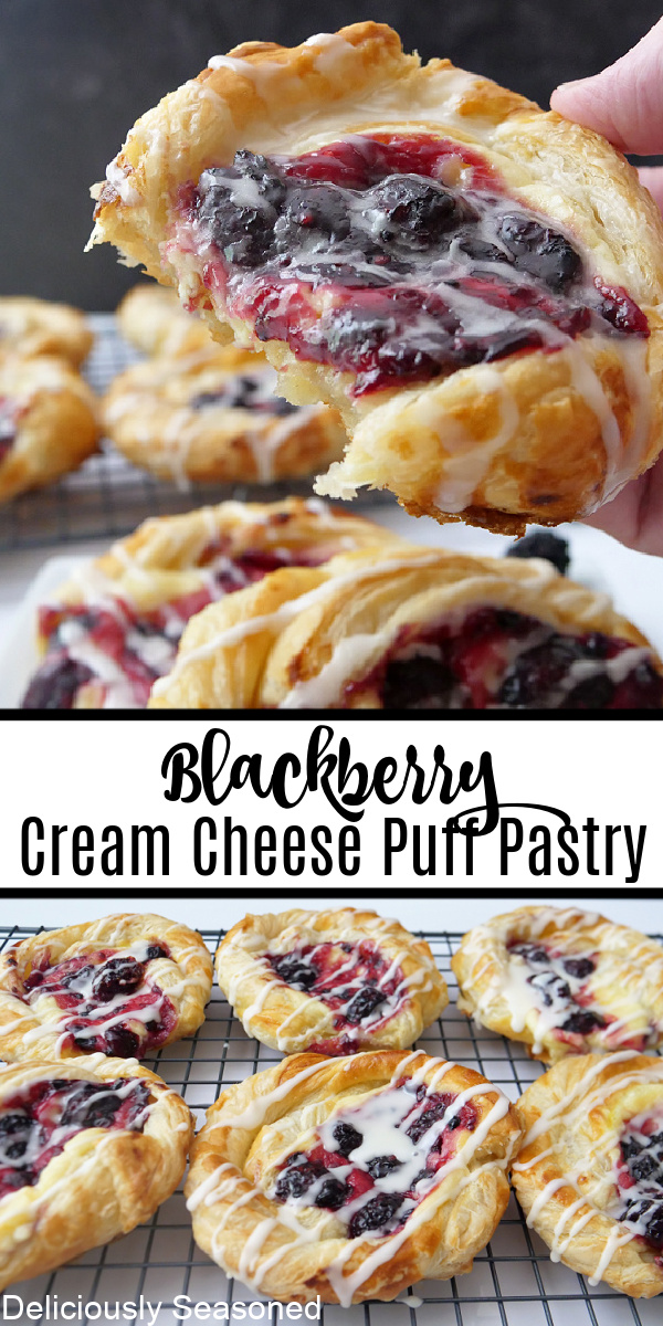 A double collage photo of blackberry cream cheese puff pastries.