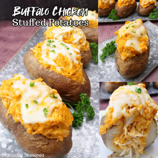 A three photo collage of buffalo chicken stuffed potatoes topped with parsley.