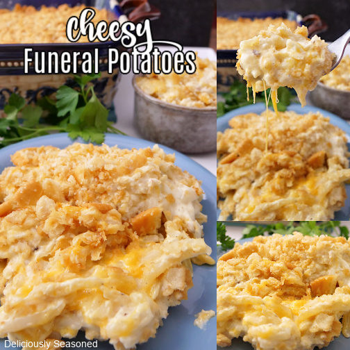 A three photo collage of shredded potatoes casserole.
