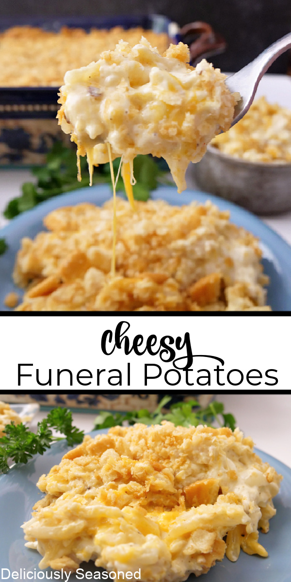 A double collage photo of cheesy funeral potatoes with the title of the recipe in the center of the two photos. 