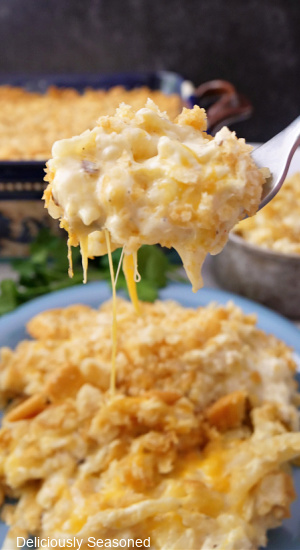 A heaping spoon full of cheesy potatoes on it.