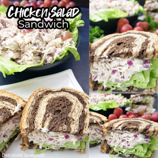 A three photo collage of chicken salad sandwich on white plates, all on pumpernickel bread with bright green pieces of lettuce.