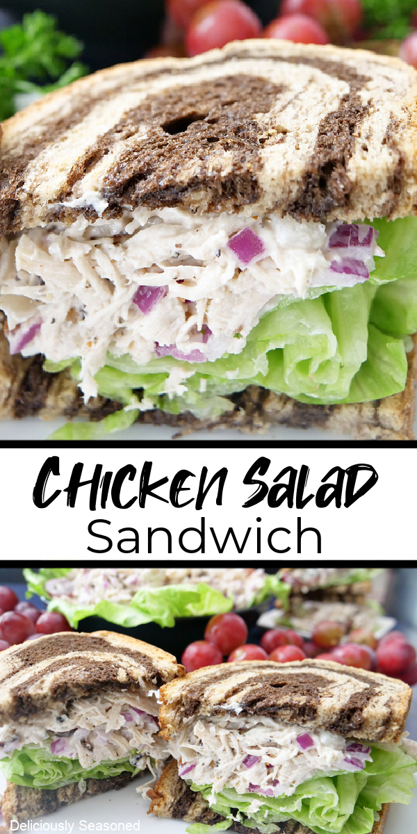 A double photo collage of chicken salad sandwiches sitting on a white plate.