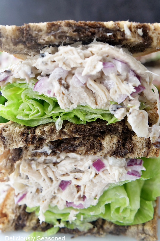 A close up photo of a chicken salad sandwich.