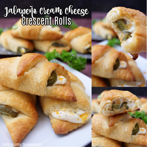 A three photo collage of cream cheese filled crescent rolls on a white plate.