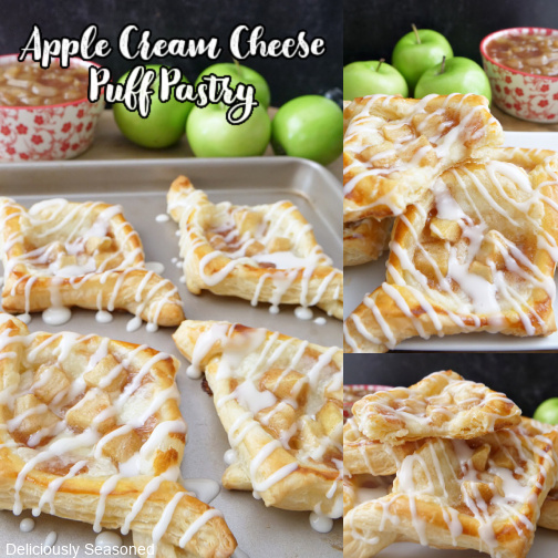 A three photo collage of apple cream cheese puff pastries.