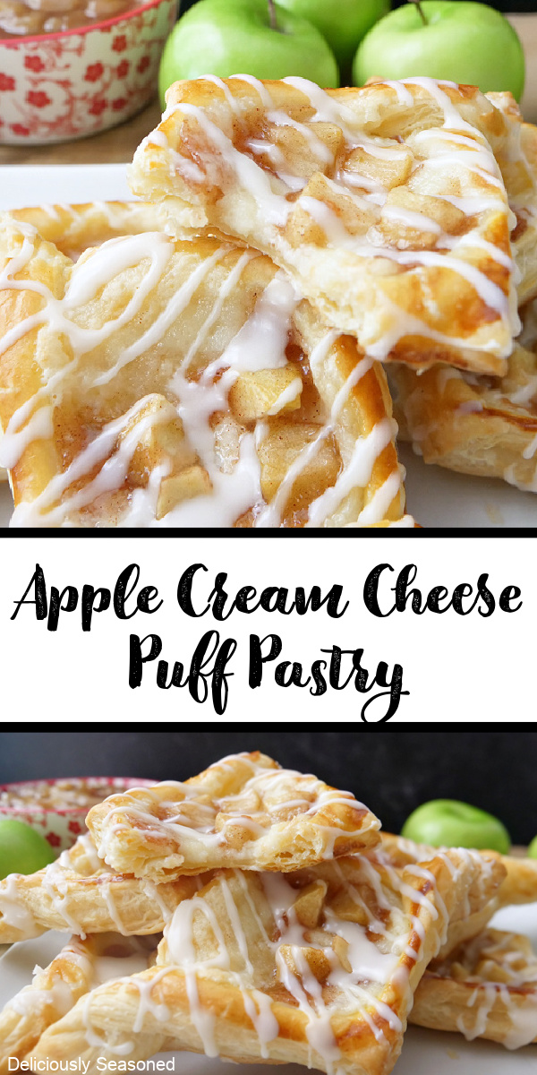A double photo collage of apple cream cheese puff pastries stacked up, covered in a glaze.