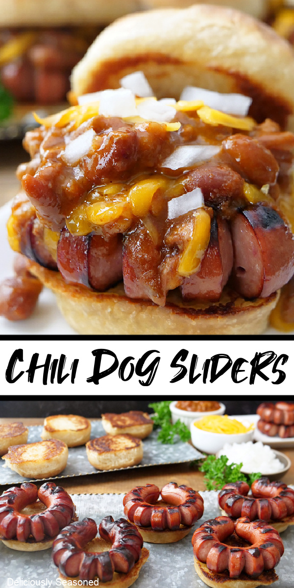 A double collage photo of a chili dog slider on a white plate and more on a silver platter.