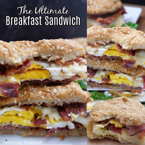 A three photo collage of an ultimate breakfast sandwich on a white plate.