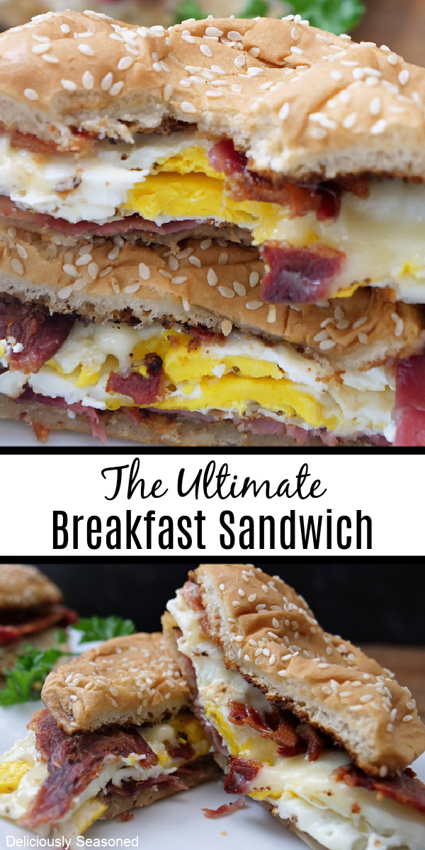 A double photo collage of breakfast sandwiches.