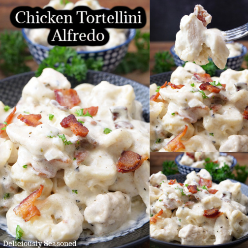 A three collage photo of chicken tortellini Alfredo pasta.
