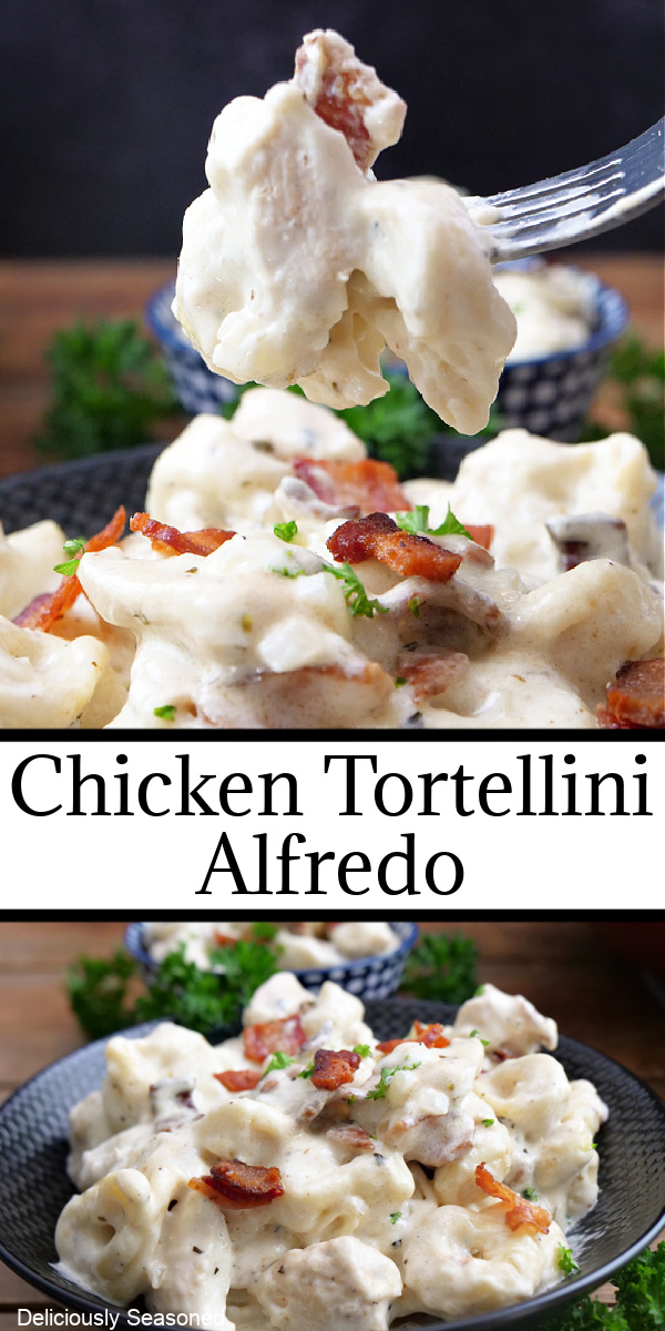 A double collage photo of chicken tortellini Alfredo.