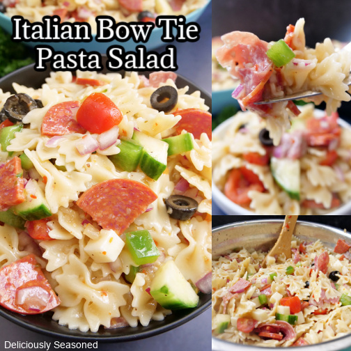 A three photo collage of pasta salad in a black bowl and a white bowl.