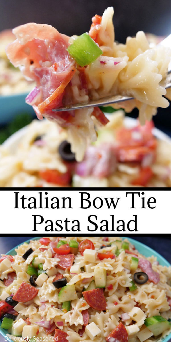 A double photo collage of bow tie pasta salad.