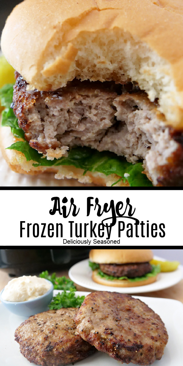 A double collage photo of air fryer frozen turkey burgers.