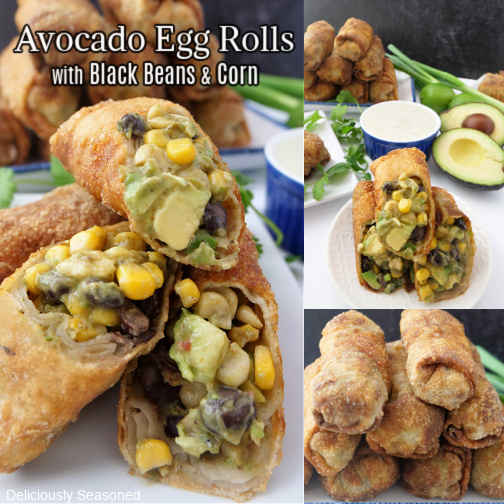 A three collage photo of avocado egg rolls on a white plate.