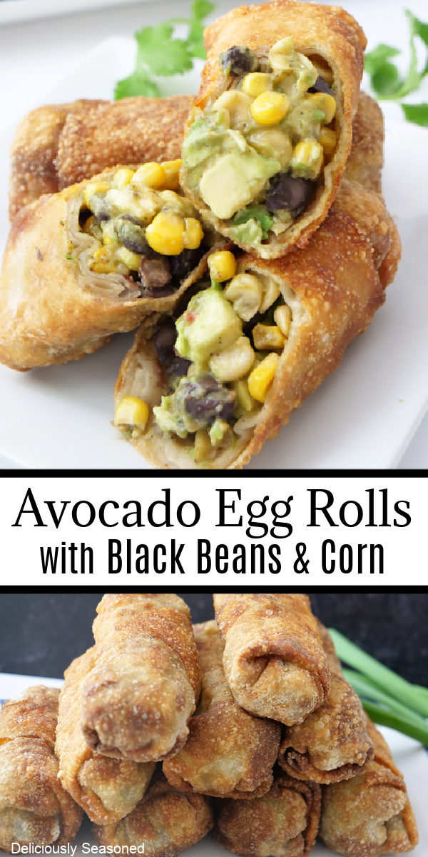 A double collage photo of avocado egg rolls.