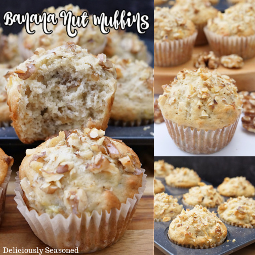 A three collage photo of banana nut muffins.