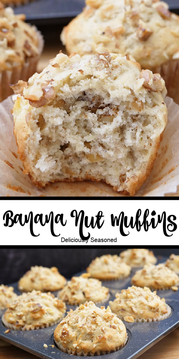 A double collage photo of banana nut muffins.
