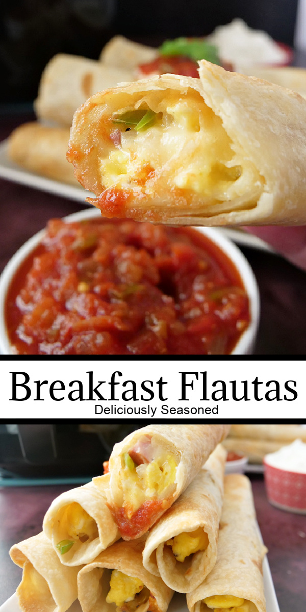 A double photo collage of baked flautas filled with eggs, ham and cheese.