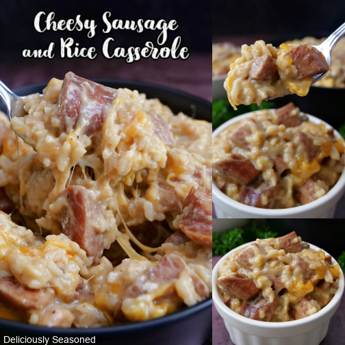 A three photo collage of cheesy sausage and rice casserole.