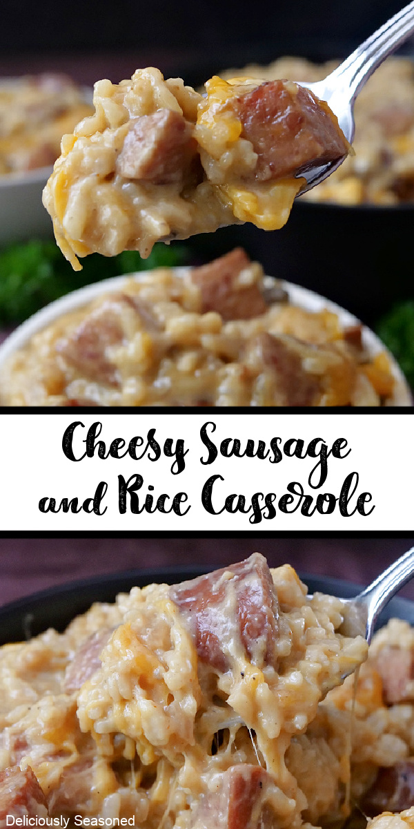A double collage photo of sausage and rice in a cheesy sauce.