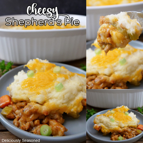 A three photo collage of Shepherd's Pie in a white casserole dish and a serving on a blue plate.