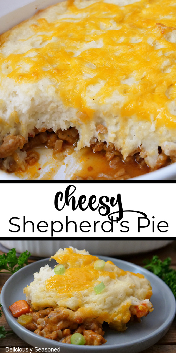 A double photo collage of cheesy Shepherd's pie.