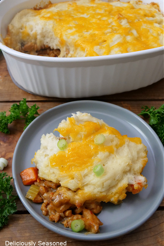 A blue plate with a serving of shepherd's pie on it, with cheese on top of the mashed potatoes.
