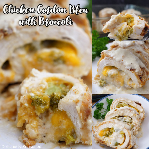 A triple collage photo of chicken cordon bleu with broccoli.