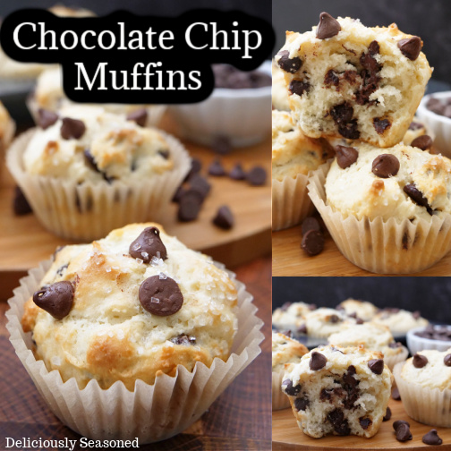 A three photo collage of chocolate chip muffins sitting on a wood cutting board.