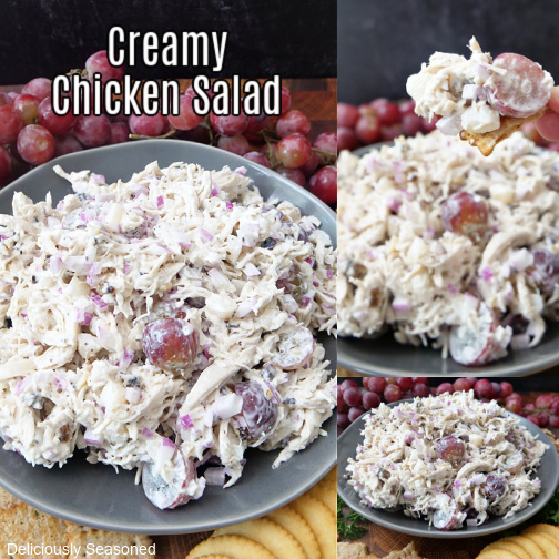 A three photo collage of chicken salad in a gray bowl with red grapes in the background.