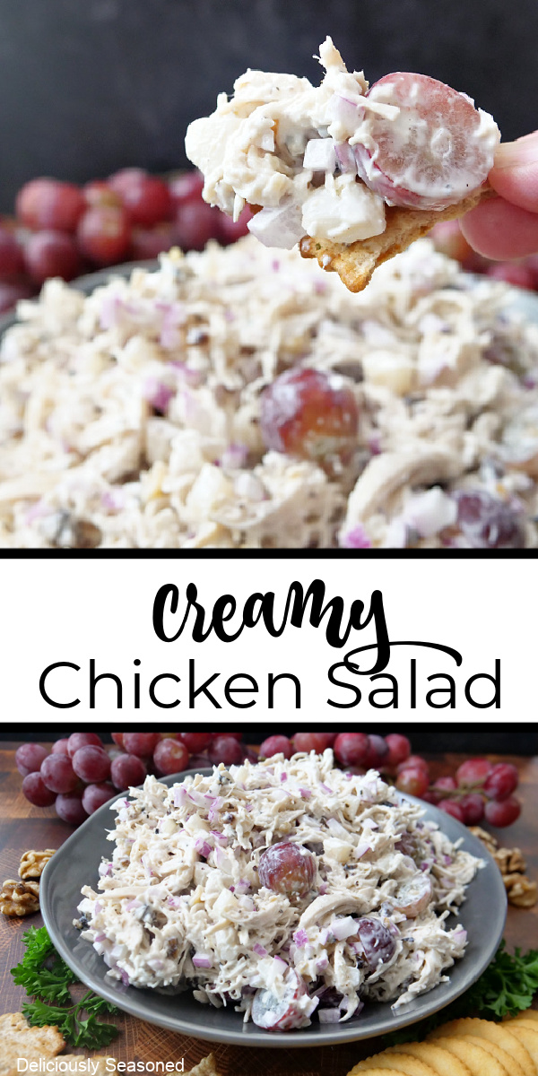 A double photo collage of chicken salad with red grapes in the background.