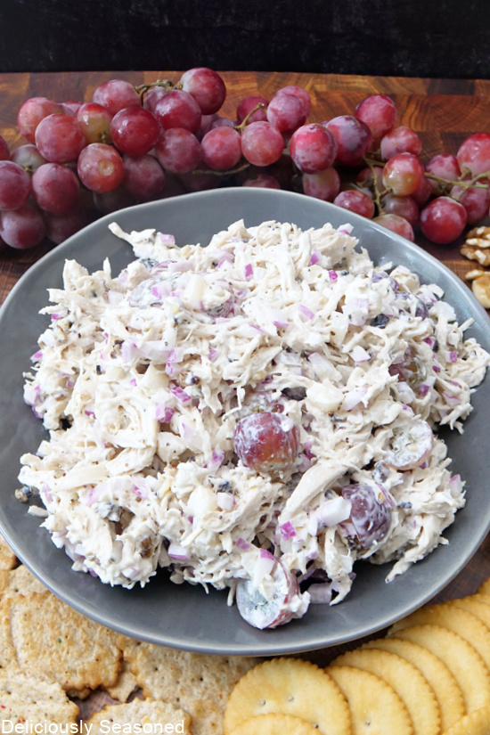 A bowl of chicken salad with grapes, and crackers lined up on the side of the bowl.