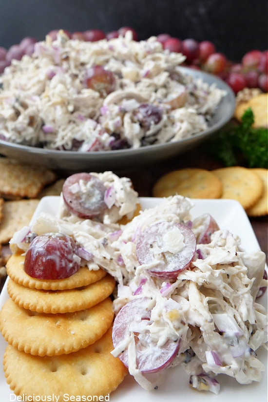 A small square white plate with a serving of chicken salad with crackers.