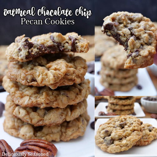 A three photo collage of oatmeal chocolate chip cookies.