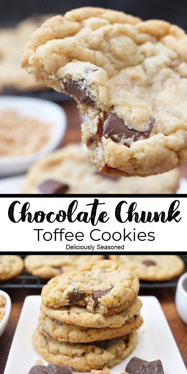 A double photo collage of chocolate chunk toffee cookies.